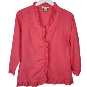Susan Bristol 100% Linen Coral Ruffle Button Up Shirt - Size S